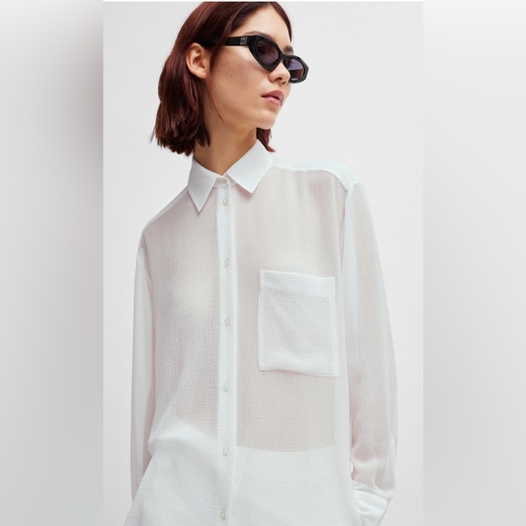 New! Hugo Boss Blouse in Soft Seersuccer with Point Collar, White, Size L/XL - Picture 5 of 9